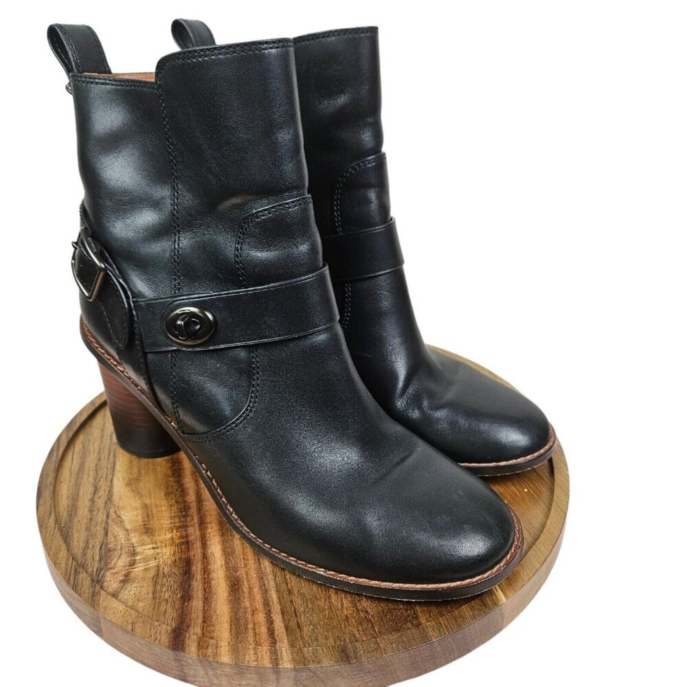 Coach Women’s Moto BTE Block Heel Black Saddle Leather Ankle Boot Size 8 B